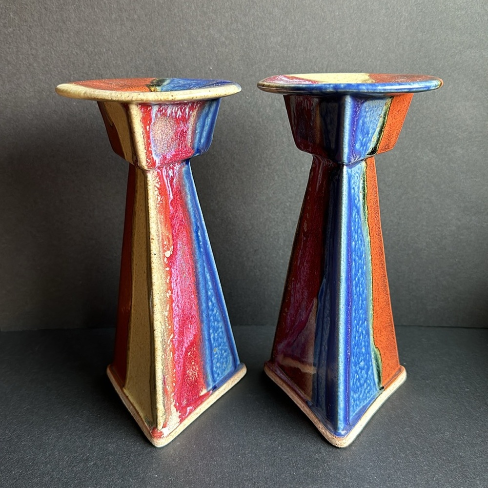 Susan Davy Art Pottery Candlestick Holders Geometric Deco Multicolor Glazed 7”H